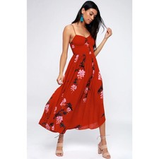 FREE PEOPLE Beau Smocked Printed Slip Maxi Dress Red Sz M $108 {3Y25}