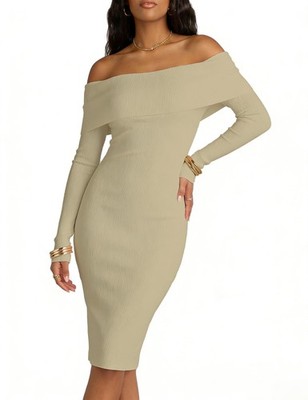 MAKABO Womens Off Shoulder Ribbed Midi Dress XL Beige Long Sleeve Club Party
