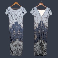 BHLDN JS Collections Cocktail Midi Dress 6 Navy Formal Applique Soutache Ribbon