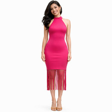 Mango MNG Womens Cocktail Dress Size 8 Pink Halter Fringe Midi Y2K Soft Girl 