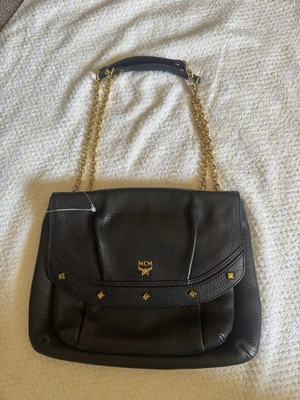 #ad MCM Women’s Black Logo Pebbled Shoulder Bag Chain Strap Gold Hardware $400.00