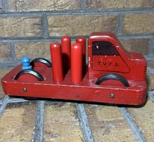 VTG Wooden Toy Fire Truck TVFD Red Peg Firemen Handcrafted 1950s 10” Folk Art