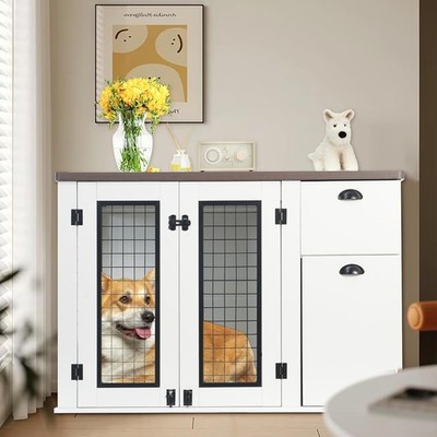 44'' Wooden Dog Crate Furniture, Drawers & Side Cabinet Kennel for Medium Dogs