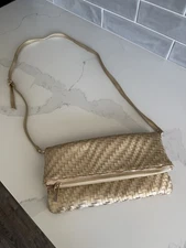 Deux Lux Anthropologie Woven Clutch Crossbody Bag with Zip Closure Gold