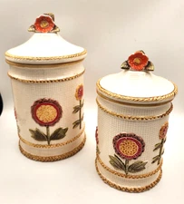 Canister Set Japan Sears 1973 Needlepoint pattern RETRO Orange Brown Weave 2 pcs