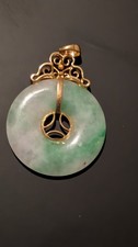 Vintage Jade Green White Donut Pendant 14K Gold 585 Estate Jewelry