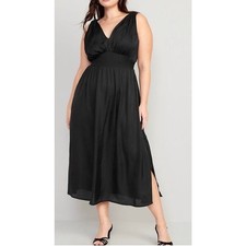 Old Navy sleeveless Silky Plunge black side slit pockets maxi dress, size xxl