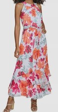 Calvin Klein Women's White Printed Tie-Waist Stretch Dress Petite Size 12P