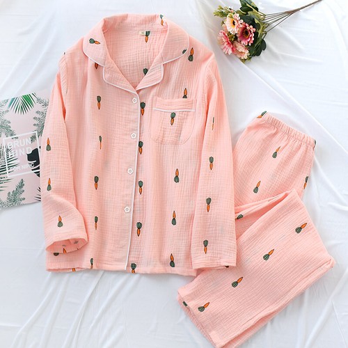Chinese Japanese Autumn Women 100% Gauze Cotton Pajamas Set Sleepwear Nightwear - Picture 4 of 16