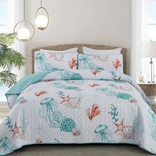 DJY Coral and Jellyfish Quilt Set King Coastal Beach Theme Quilt Coverlet Set...