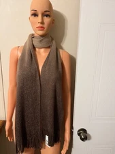CEJON RECTANGULAR 2 TONE BROWN/BEIGE WRAP NECK WARMER SCARF 78 x 8 INCH FRINGED