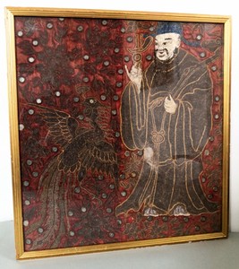 Antique Framed Chinese Silk Work Crewel Panel of Deity and Phoenix 48cm x 50
