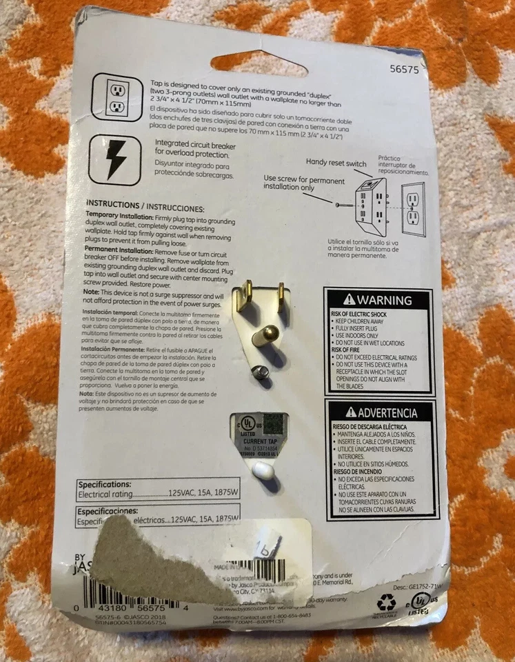 全新 GE 接地 6 插座龙头 带可重置断路器 56575 — 第 3/3 张图片