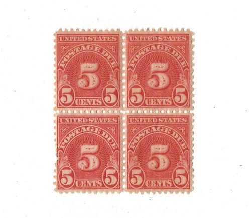 J73,  United States stamp postage due, 1930ish, vintage 5 cents block of 4 - Afbeelding 1 van 2