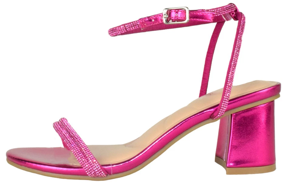 Top Moda Women Block Short Heels Open Strap Bling Rhinestone CITY-1 Pink Fuchsia - Image 2 of 3