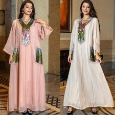 Women Loose Long Sleeves Muslim Dress Caftan Maxi Sequin Cocktail Ramadan Kaftan