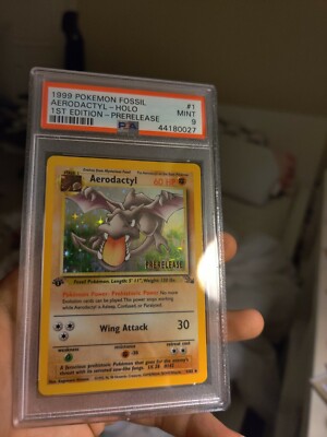 PSA 9 MINT Aerodactyl 1/62 PRERELEASE 1st Edition BROWN STAMP