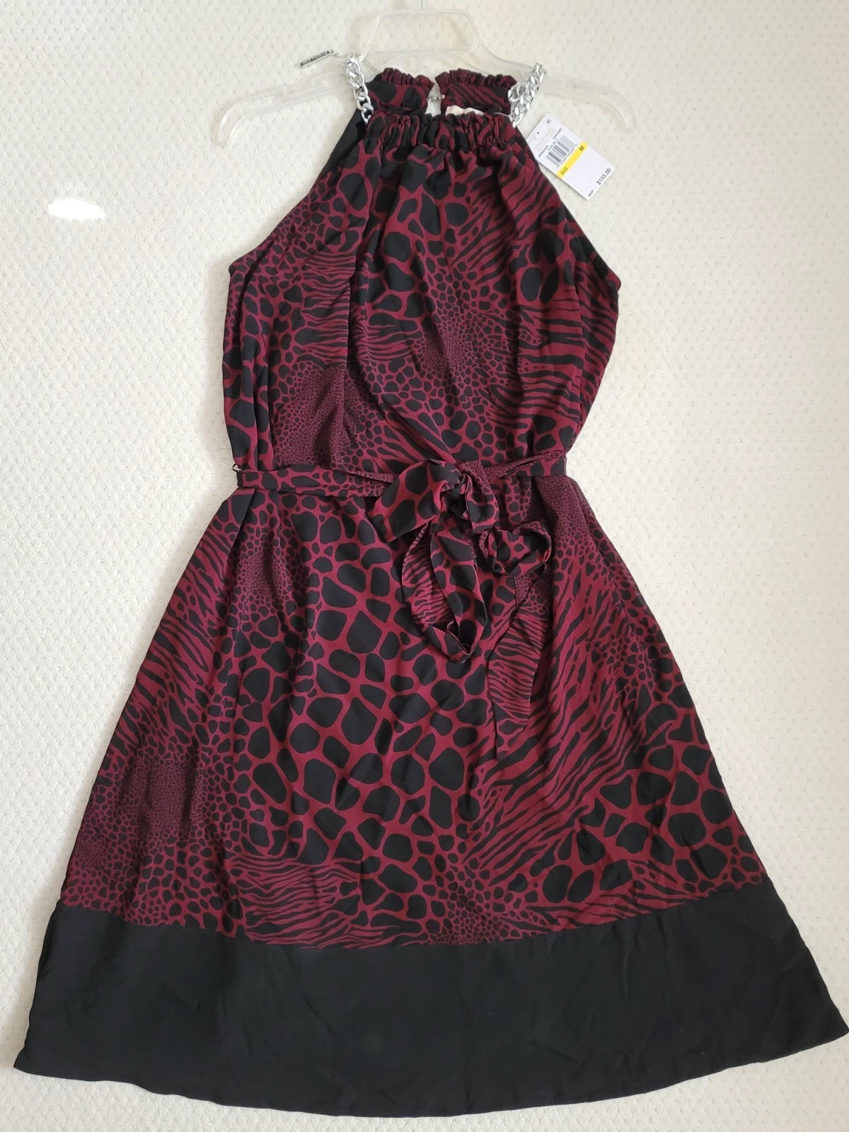 Abito Michael Kors nuovo con etichette stampa animalier catena cambio rosso rubino scuro medio MF0802JFDN