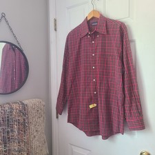Vtg 80's Lands' End Plaid Button Down Dress Shirt Sz L 16/33 Red Classic Preppy