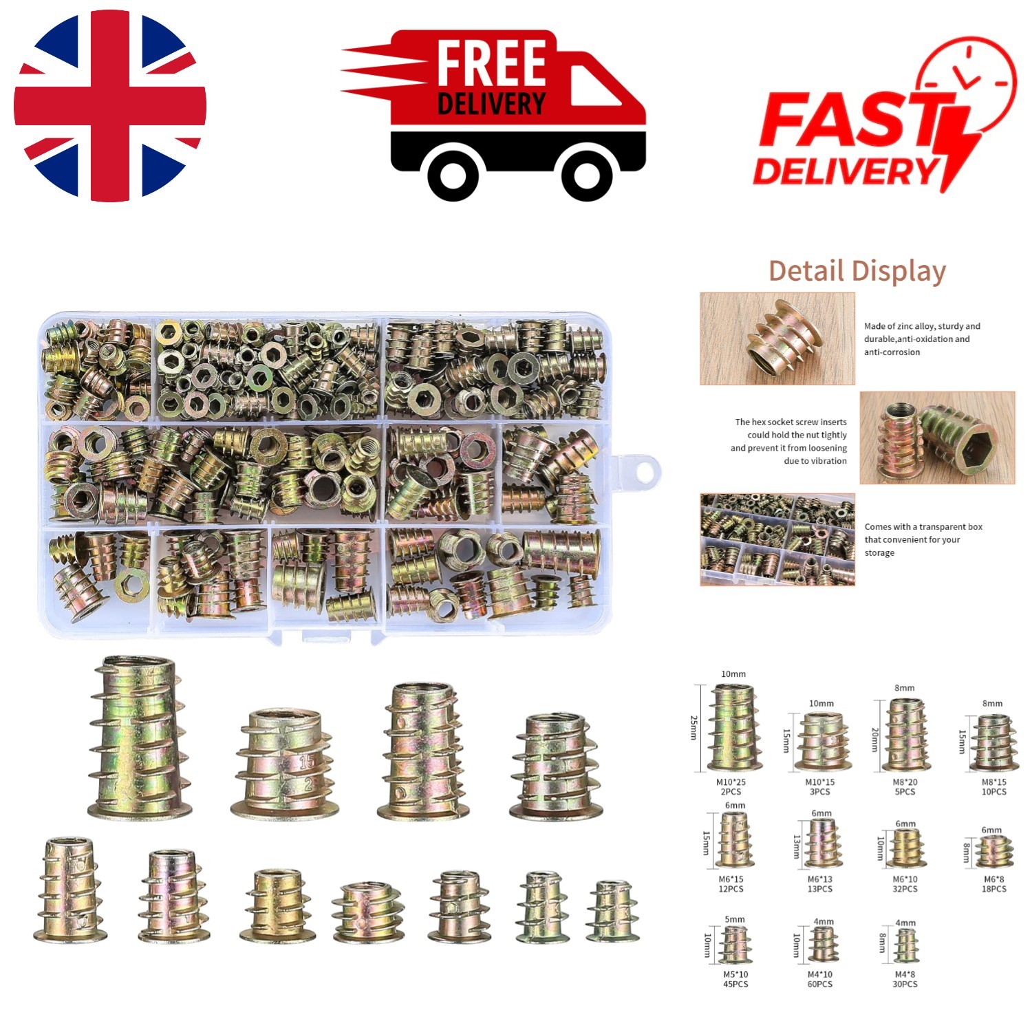 Complete 230-Piece Threaded Insert Nuts Set (M4/M5/M6/M8/M10) for Wood Projects