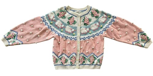 Cardigan Sweater Eagle's Eye Sheep Floral Cottagecore Y2K 80's Pastel Hand Knit!