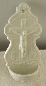 Vintage Jesus Christ on the Cross, Christian Holy Water Angel Wall Font