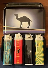 Vintage Camel Scripto Lighters Set of 4 Black Rainbow Psychedelic Collectors Tin