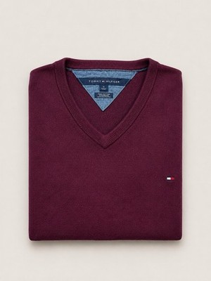 Tommy Hilfiger Strickpullover | V-Neck | Größe M | Bordeaux | Vintage Old Money