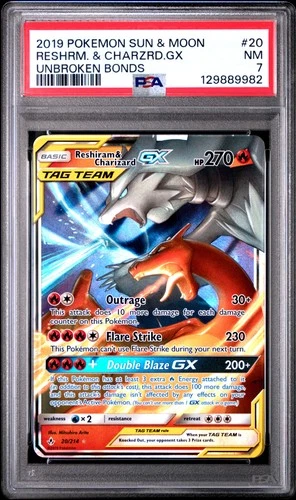 2019 POKEMON SUN & MOON UNBROKEN BONDS #20 RESHIRAM & CHARIZARD GX PSA 7