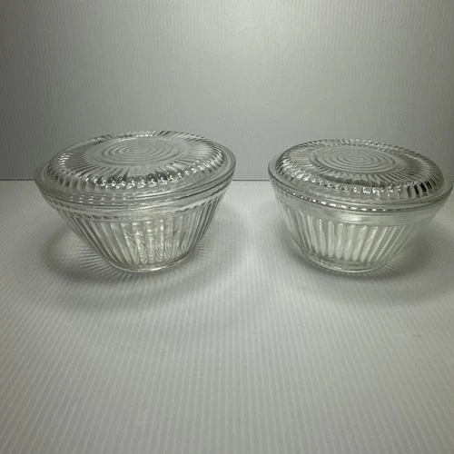 Vtg Anchor Hocking Ribbed Clear Glass Covered Refrigerator Dishes MCM