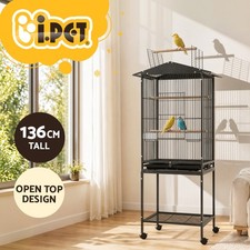 i.Pet 136cm Bird Cage Aviary Open Top Parrot Budgie Stand Wheels Black