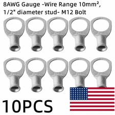 10pcs Tinned Copper Ends Lug 1/2" Ring Battery Terminals 8AWG Cable Connector US