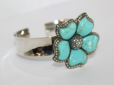 Designer Sterling Silver Turquoise Flower Cuff Bracelet 6.75'' Signed NF [036WEA]