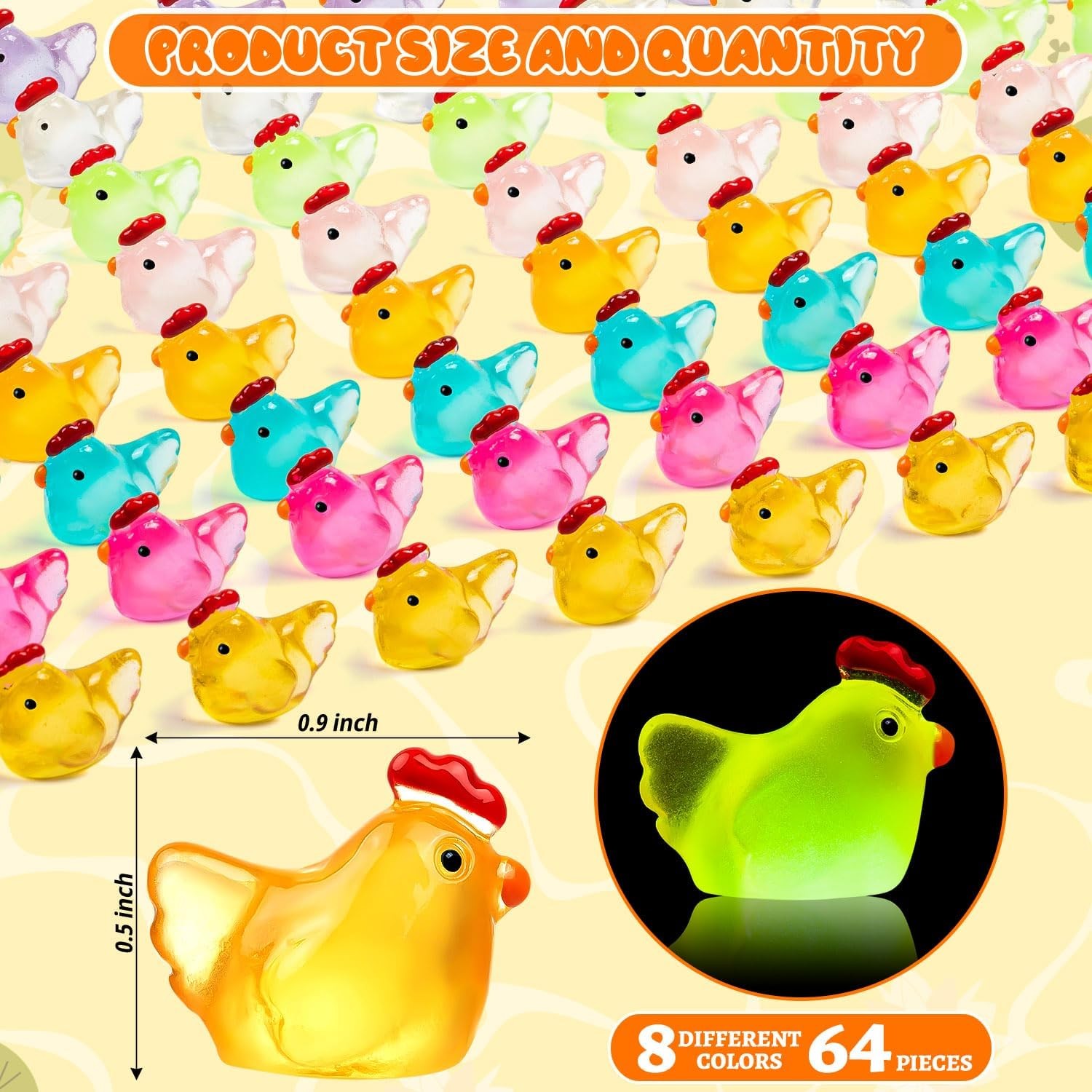 64PCS Luminous Mini Chicken Figurines Resin Miniature Animals, 8 Colors Tiny... 
