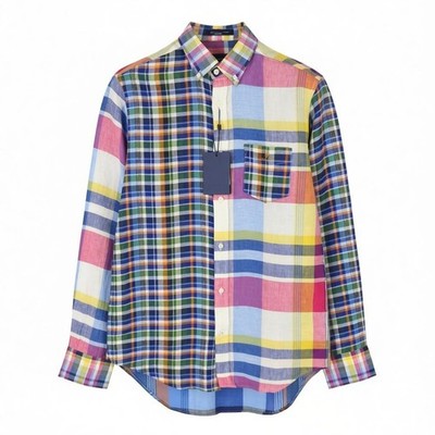 GANT Mixed Panel Linen Madras Men Shirt L Colourful Button-Down Casual Shirt *