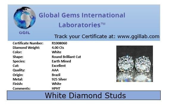 4Ct Certified White Diamond Solitaire Screw Back Studs-Great Shine VIDEO
