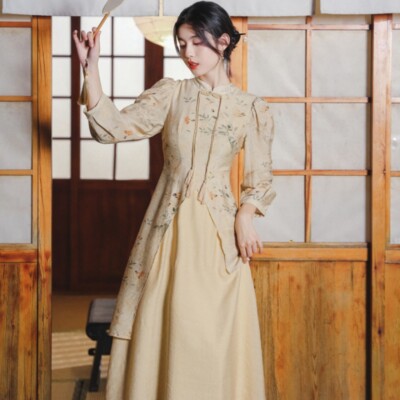 Lady Fake Two Cheongsam Dress Chinese Retro Tang Suit Hanfu 3/4 Sleeve  Qipao New