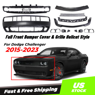 Fits 15-23 Dodge Challenger Hellcat Style Full Front Bumper Cover + Grille + Lip