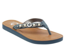 NEW WOMEN'S GUESS FLIP FLOPS BLUE JEAN FABRIC KAMPIN2 CHAIN PEARL SIZES 7, 10