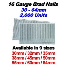 16 Gauge Galvanized Straight Brad Nails 30mm - 64 mm (Packs Of 2000)