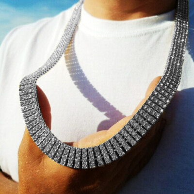 Hip Hop Silver Plated Iced 4 Row Simulated Diamond 30'' Pharaoh Chain Necklace
