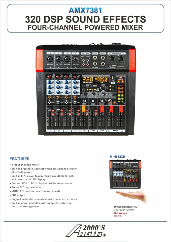 Audio2000'S AMX7381 4-Channel Powered Audio Mixer with 320 DSP Sound Effects-NEW - Image 3 of 4