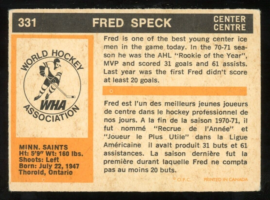 1972-73 OPC O PEE CHEE WHA #331 Fred Speck RC VG-EX MINNASOTA
