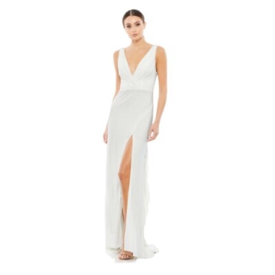 Mac Duggal 12336 Faux Wrap V-Neck Slit Jersey Gown WhiteSZ 4 $298