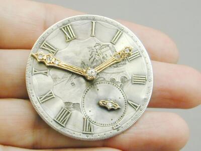 Ornate Pocket Watch Clock Face Dial Pin Pendant 14k Diamonds Ornate Scenic OOAK