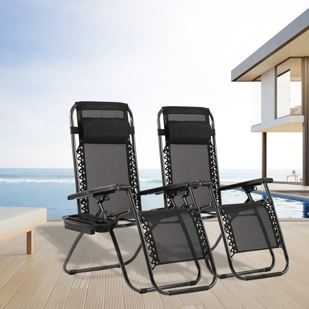 Set of 2 Zero Gravity Chairs Adjustable Reclining Folding W/ Pillow Cup  Holder | eBay