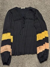 Ulla Johnson Tania Top Womens 6 Pleated Tie Black Yellow Orange Striped Top Boho