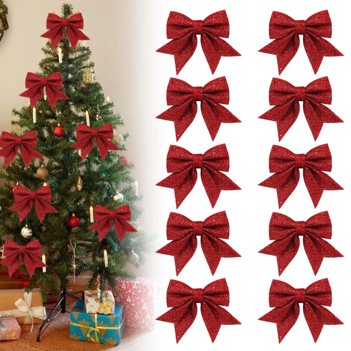 Fiocco Natale Rosso Grande Fiocchi Natalizi Rossi Grandi Per Porte E Decorazioni - In Velluto Floccato, Set Completo Con Nastri Fiocchi Natale Porta