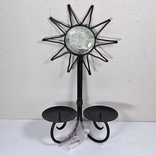 Vtg Celestial Glass Sun Face Metal Double Candle Holder Wall Sconce 14.5" 90's