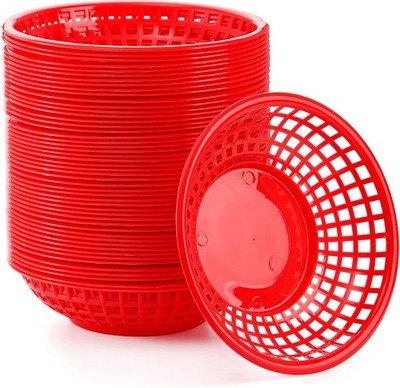Suwimut 50 Pack Fast Food Baskets, 8 Inches Round Plastic Bread Fry Red 